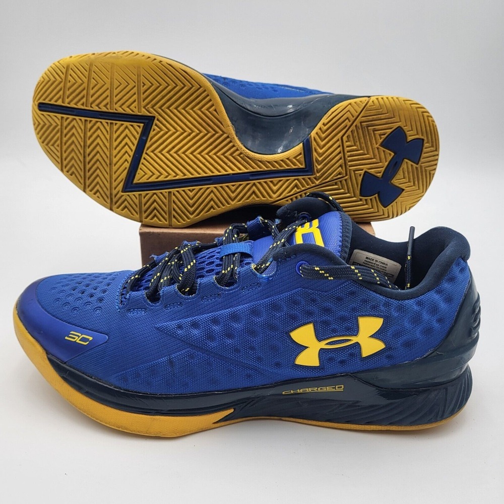 UA Steph Curry 1 Low Dub Nation Warriors Basketball Shoes Mens 10 Blue Yellow